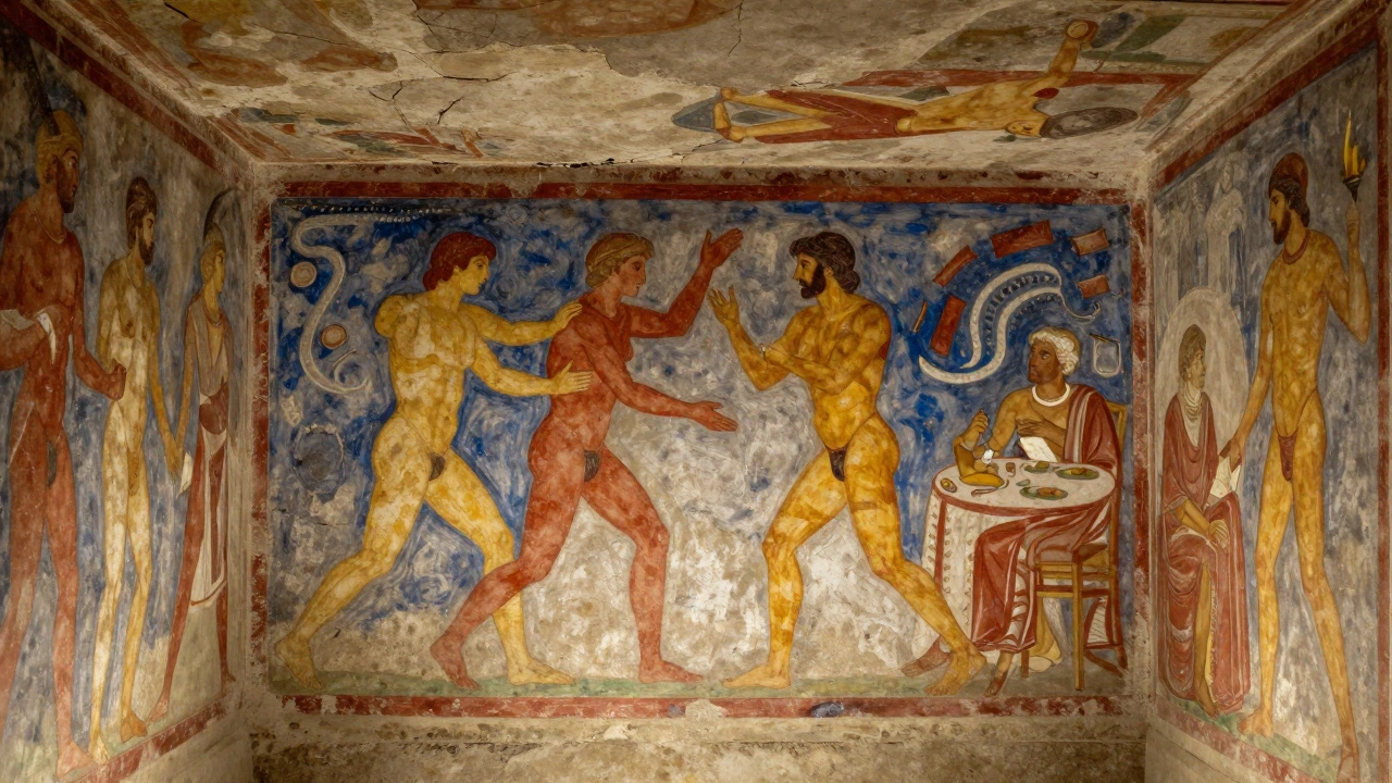 Ancient tomb mural depicting athletic contests and dining scenes.