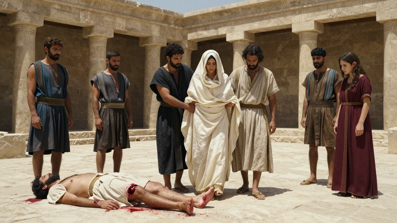 Assyrian man watches as his veiled wife is taken away, while a castrated man bleeds on stone in a courtyard under harsh sunlight.