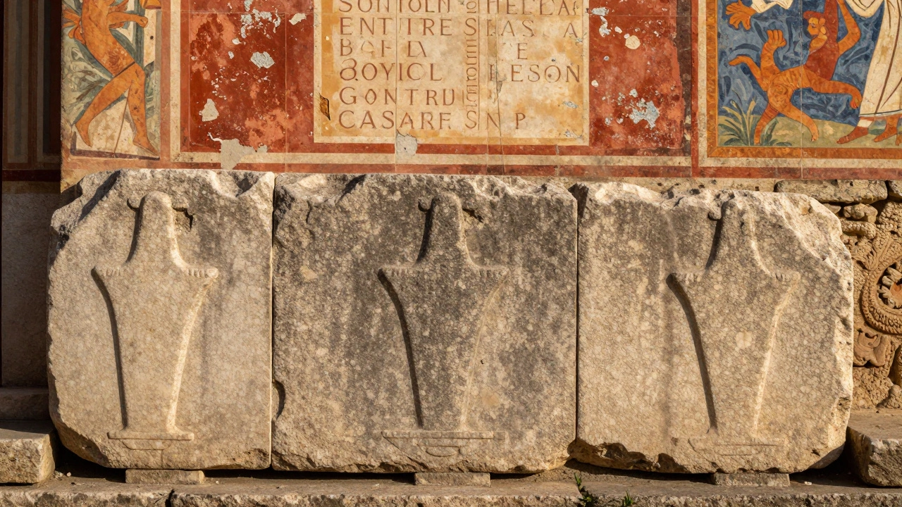 Carved phallus symbol on pavement outside Roman building