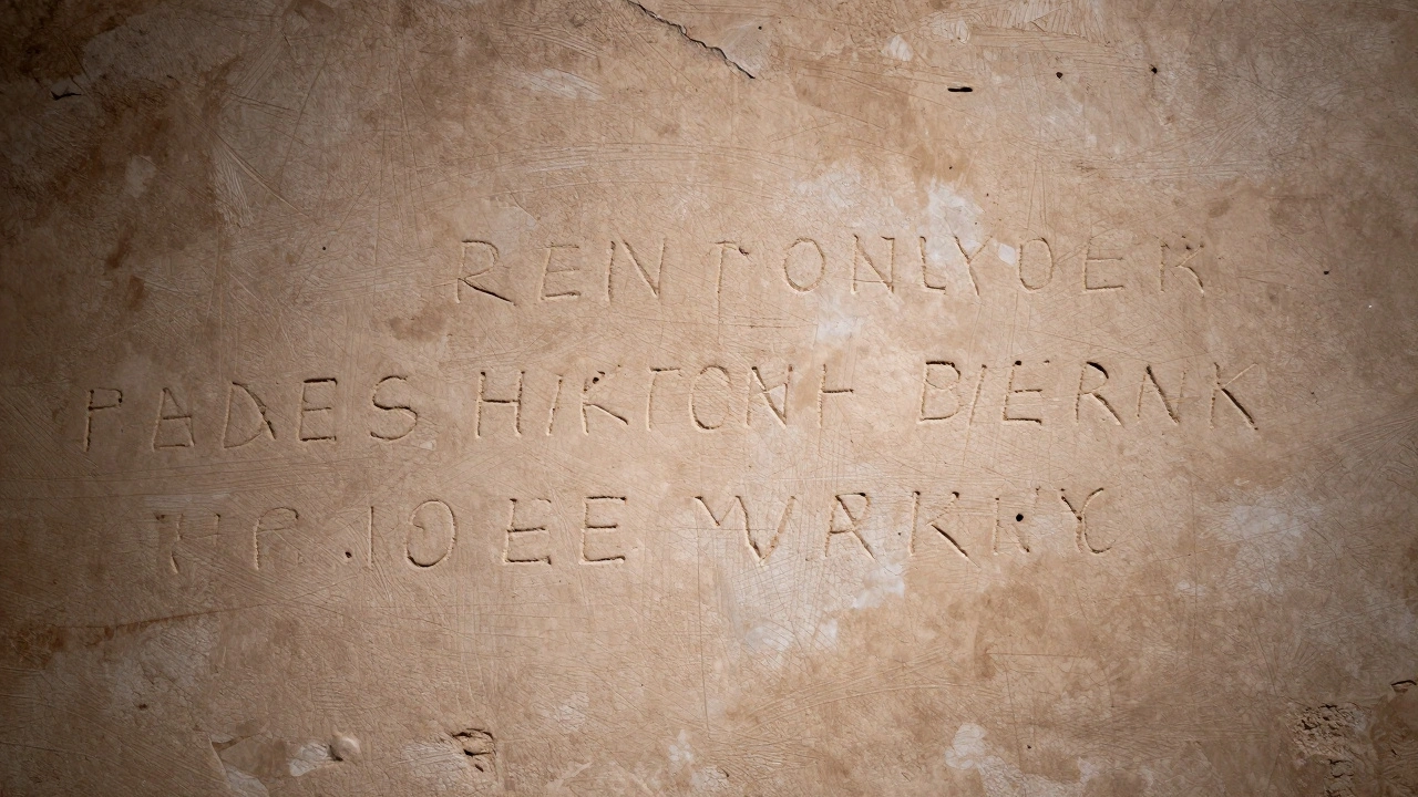Close up of scratched graffiti marks on ancient plaster wall