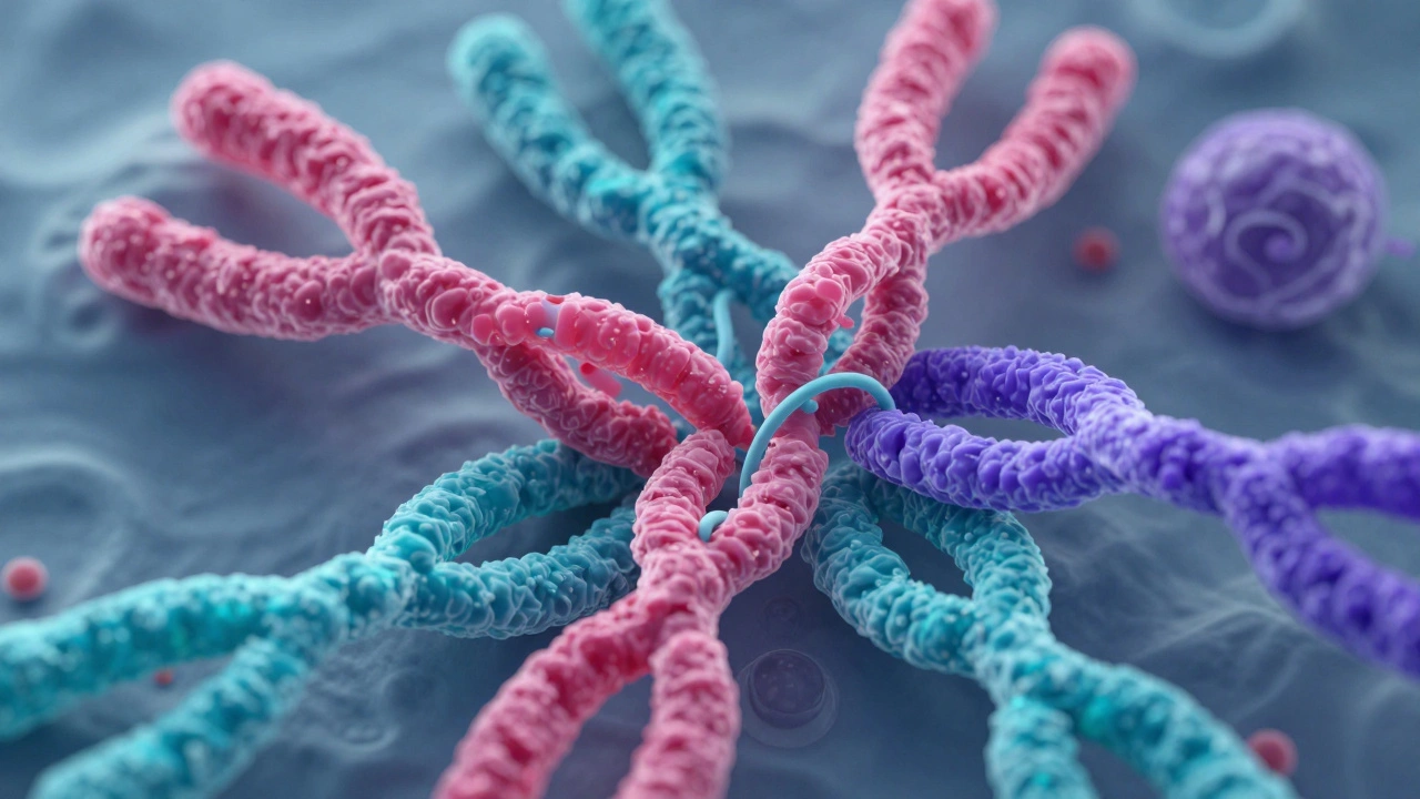 Colorful chromosomes pairing and exchanging genetic material inside a cell.
