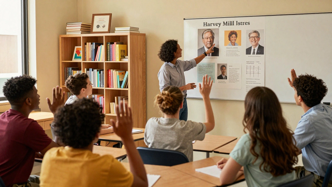 Diverse students learn about LGBTQ+ history in an inclusive classroom with vibrant posters.