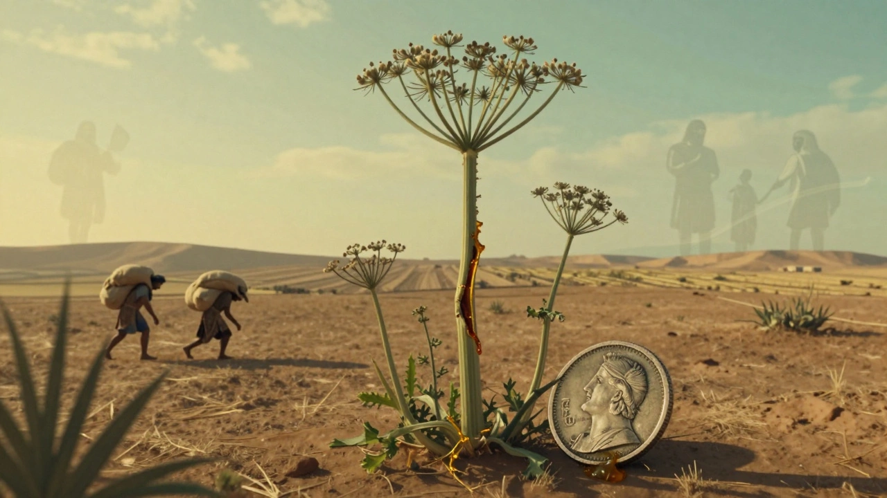 Extinct silphium herb growing in North Africa, its resin dripping onto a stamped coin.