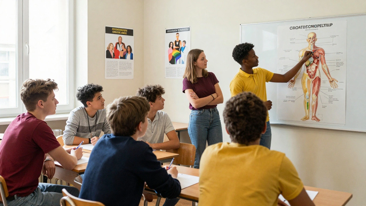 German students in a 1970s classroom learn about contraception from a teacher using a large anatomical chart.