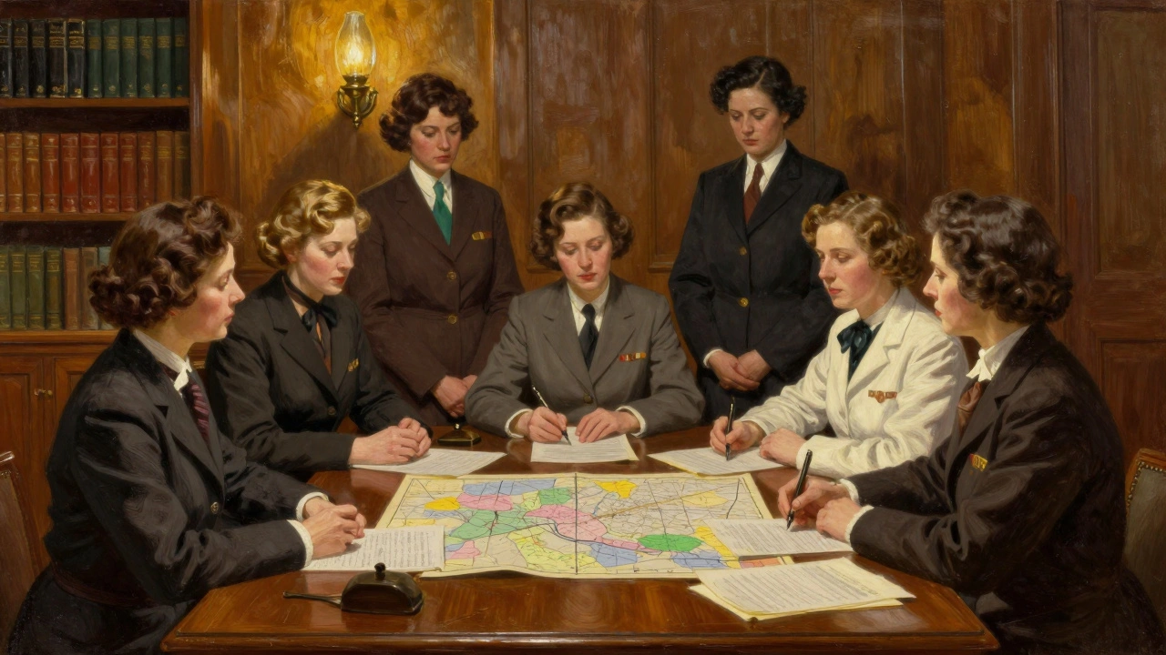 Group of professionals discussing strategy at wooden table.