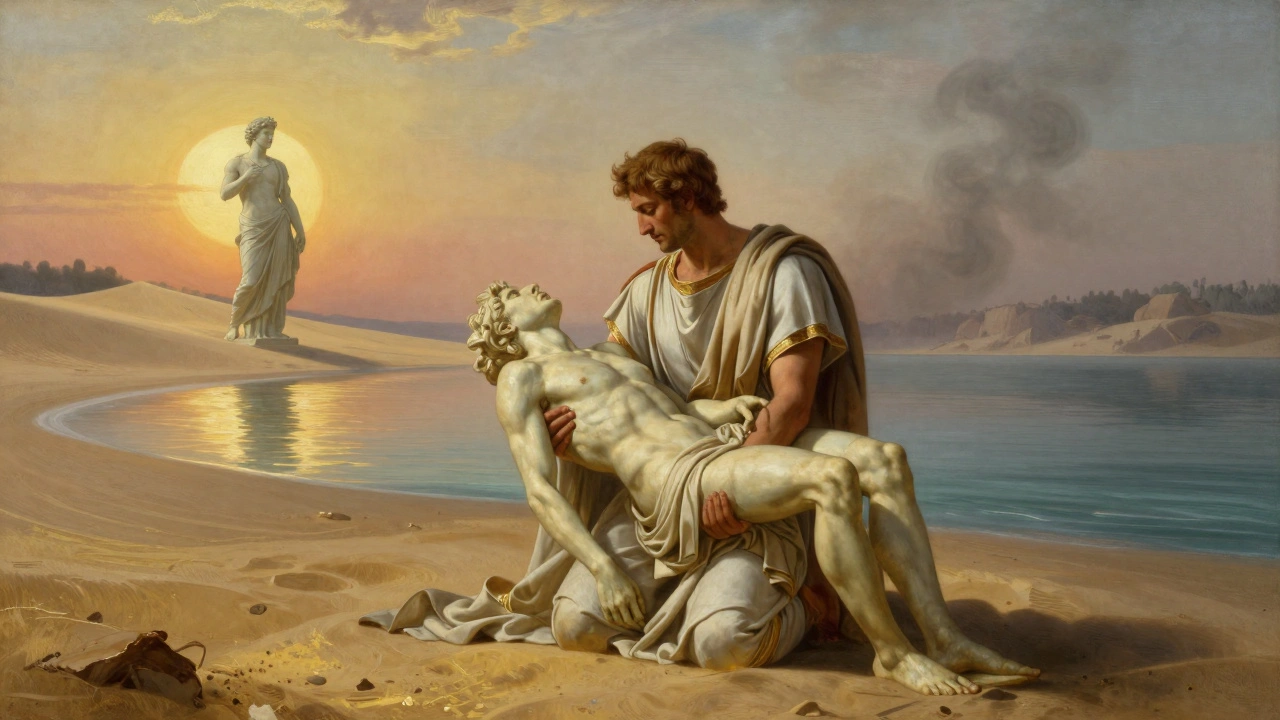 Hadrian cradling Antinous’s body on the Nile shore at dawn, with a newly emerging statue rising behind them.