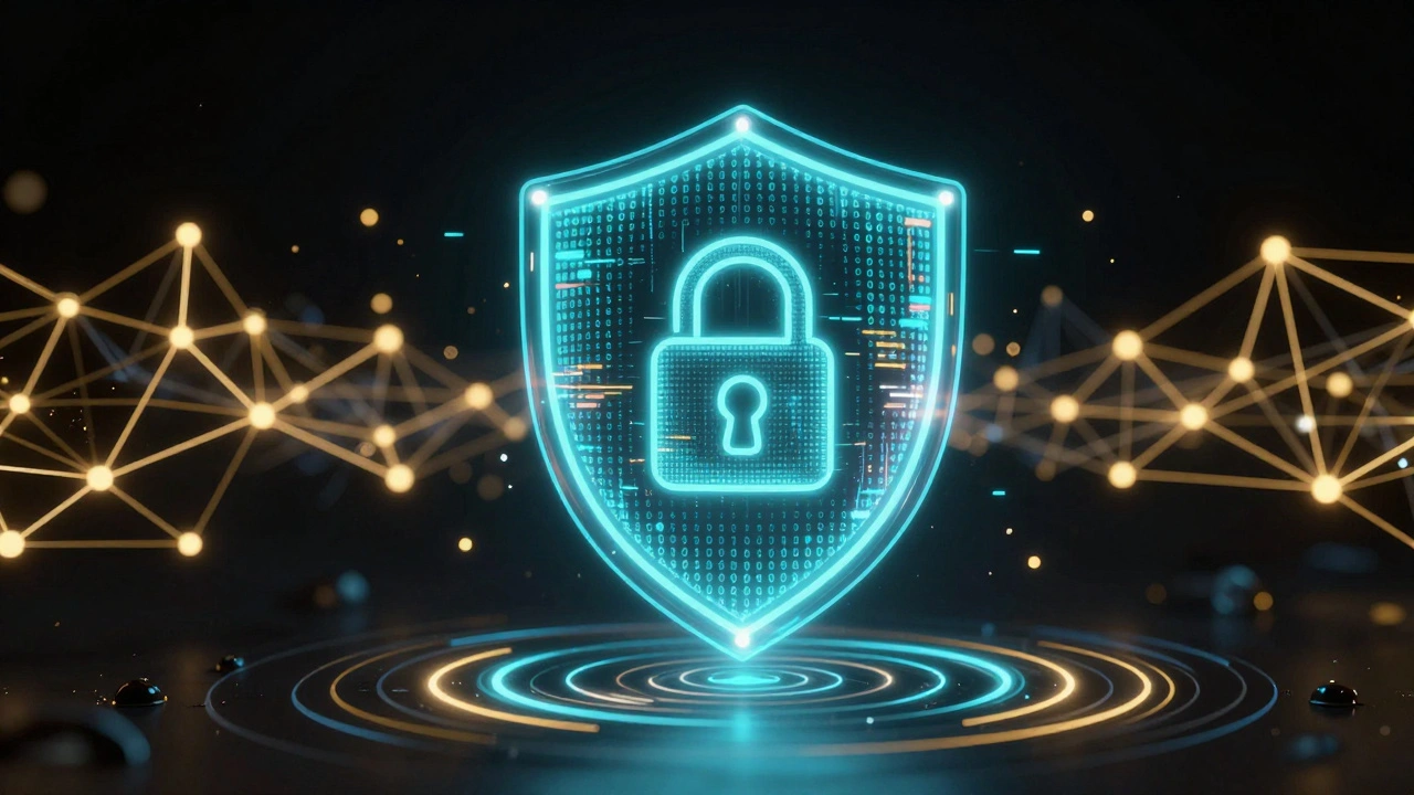 Holographic digital shield with encryption symbols and neural network nodes