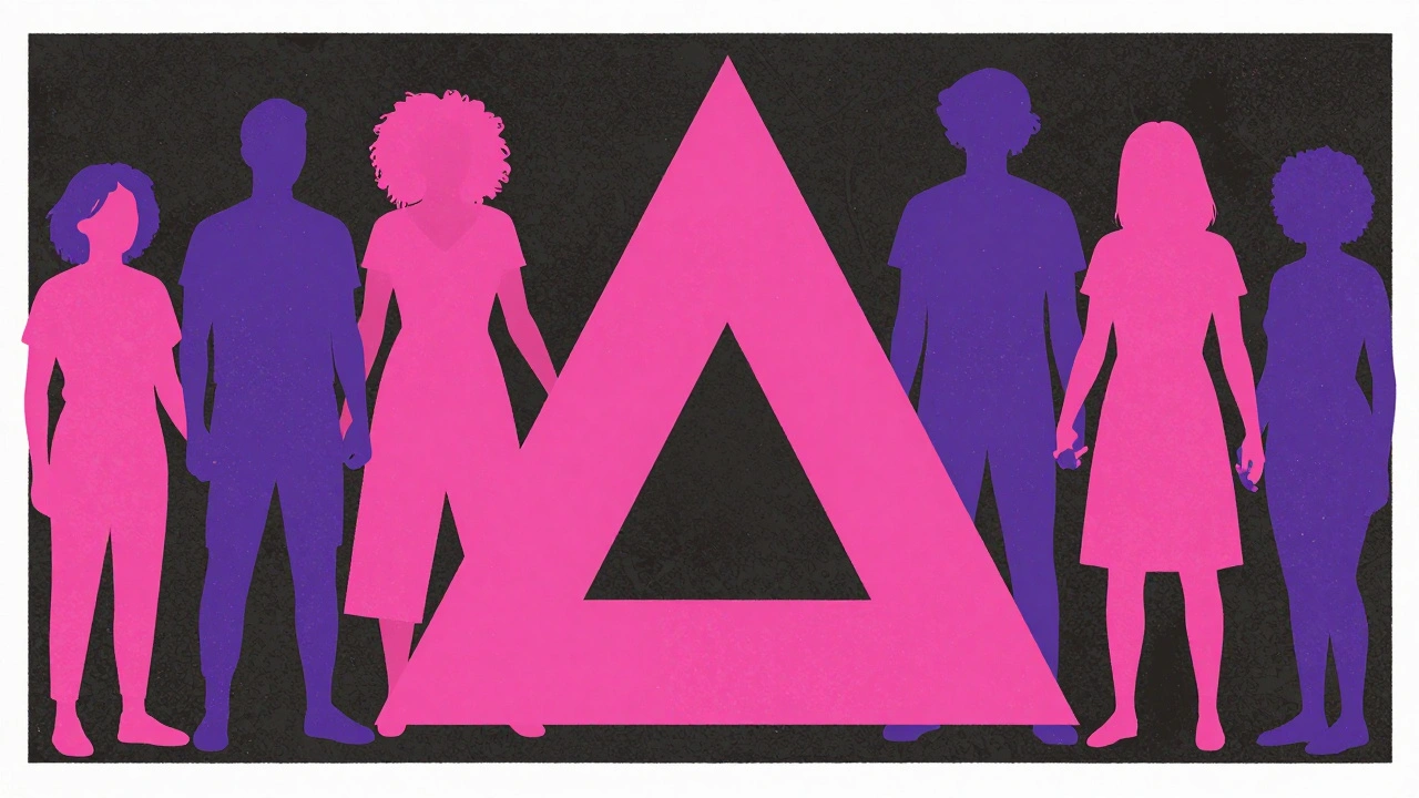 Illustration of a pink triangle with diverse silhouettes united.