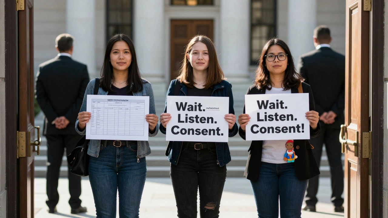 Intersex advocates holding signs for bodily autonomy outside a courthouse, with sunlight illuminating an open door.