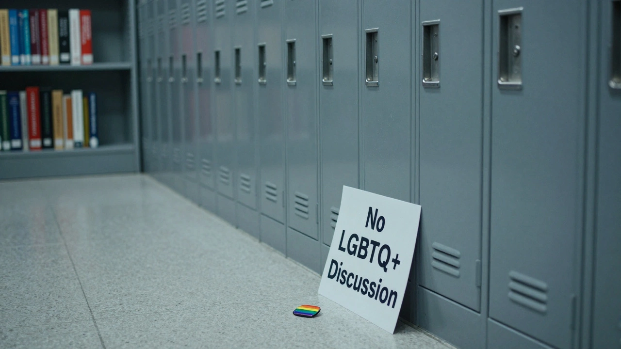 Locked library shelves with removed books and a single pride pin on the floor.