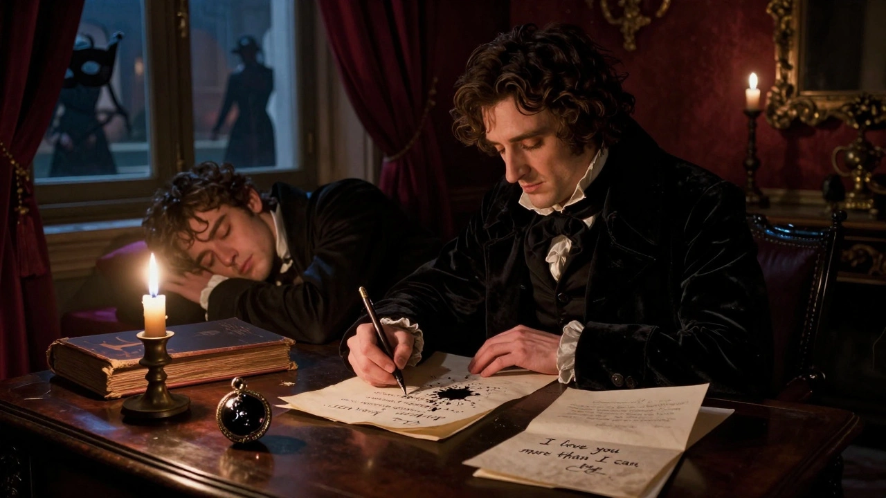 Lord Byron writing by candlelight, a sleeping young man nearby, ink-stained papers and a locket on the desk.