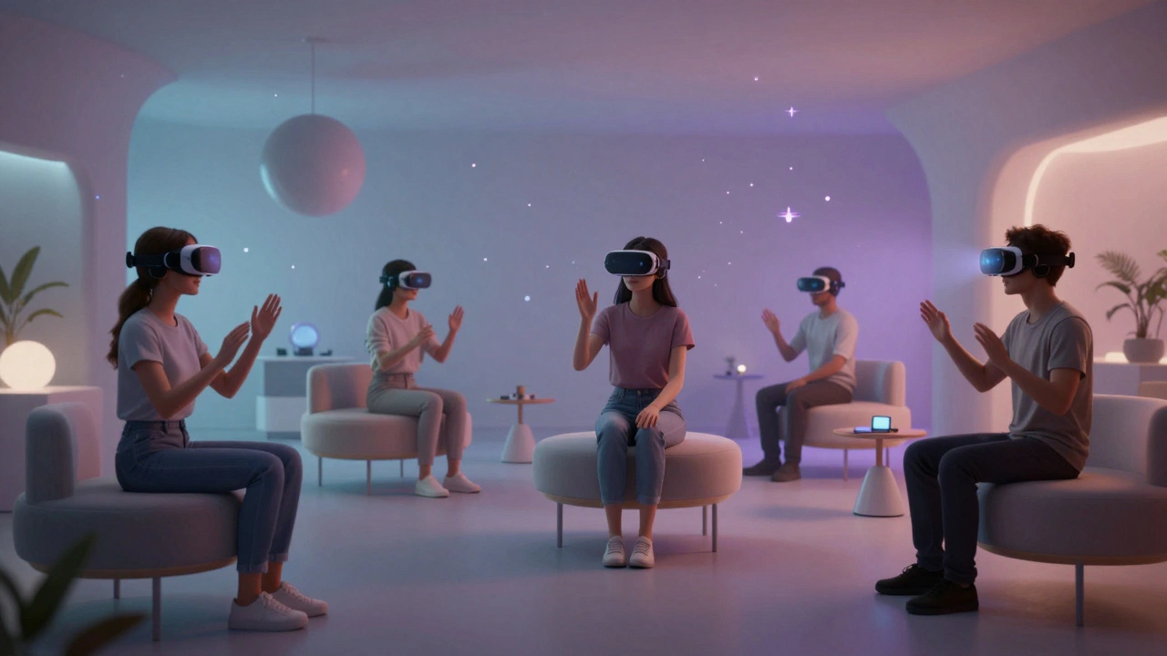 Multiple avatars in a shared virtual lounge, silently connecting through digital presence and synchronized haptic feedback.