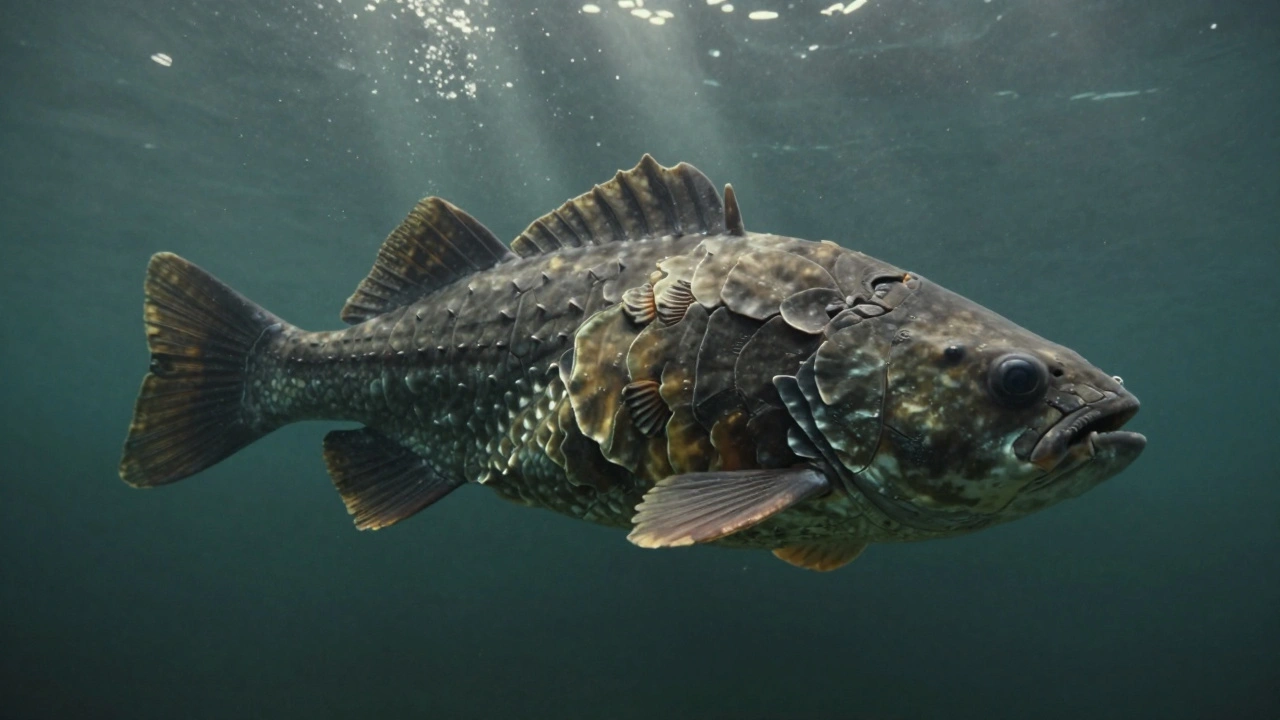 Prehistoric armored fish swimming in dim underwater environment.