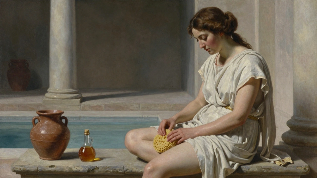 Roman woman using a soaked sea sponge as a contraceptive barrier in a bathhouse.