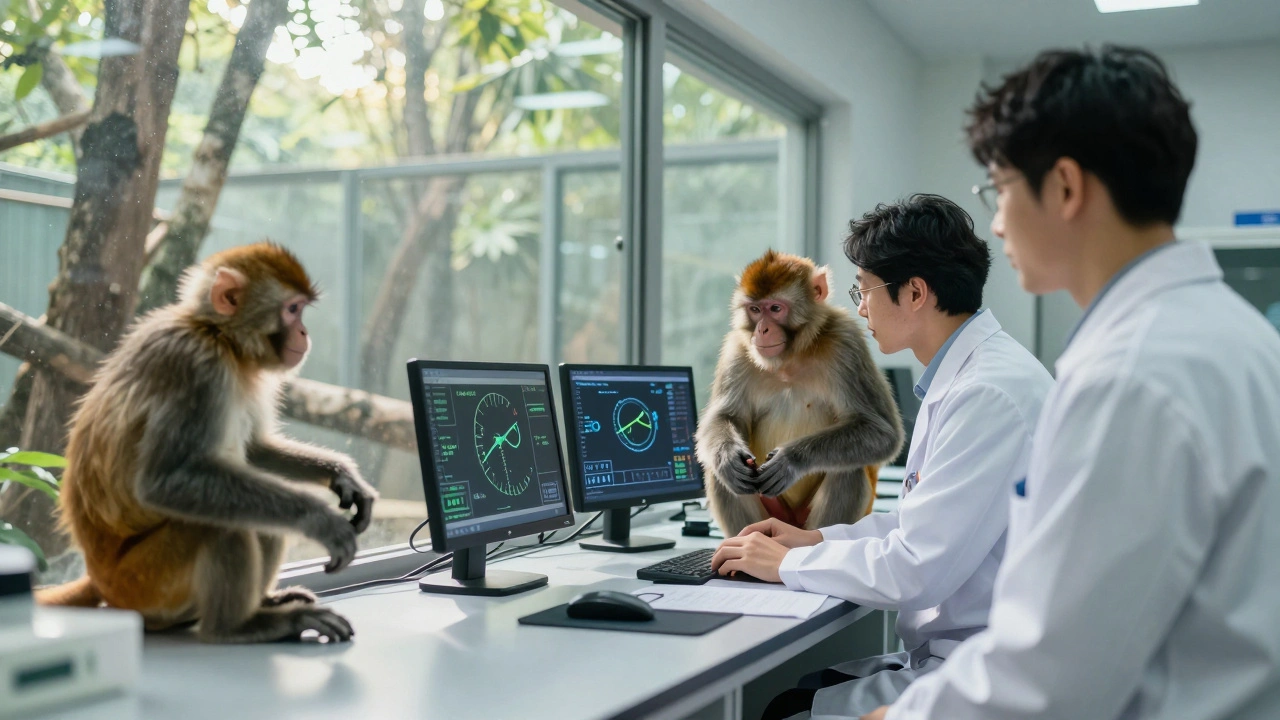 Scientists observe primates masturbating in a natural habitat, with biological data displayed on screens.