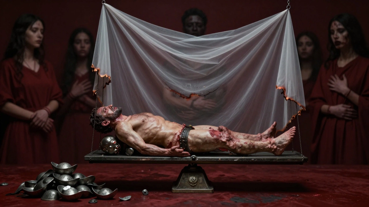 Severed genitals weighed against lead ingots, with a burning veil above, symbolizing punishment and social control in ancient Assyria.