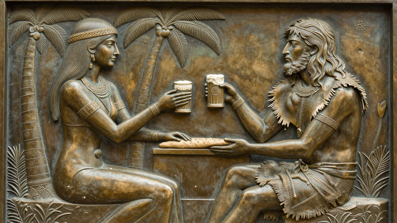 Shamhat shares bread with Enkidu, guiding him from wilderness to civilization under a palm tree.