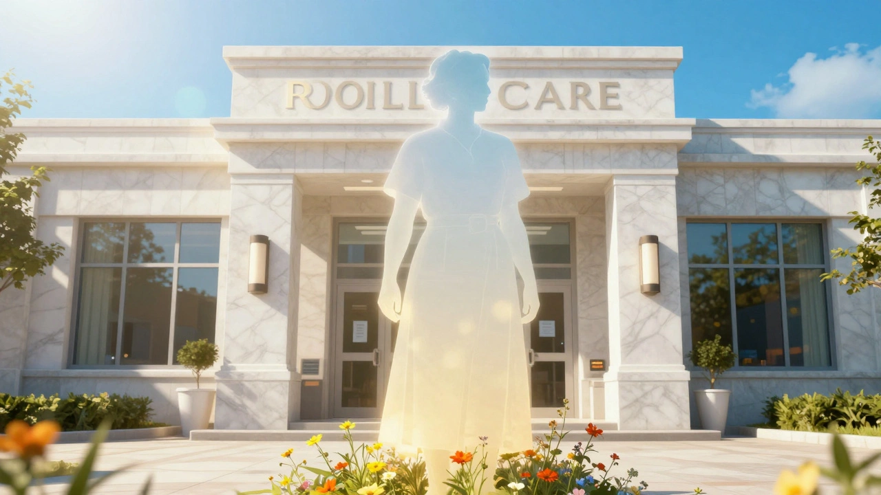 Silhouette standing before sunny clinic entrance symbolizing legacy.