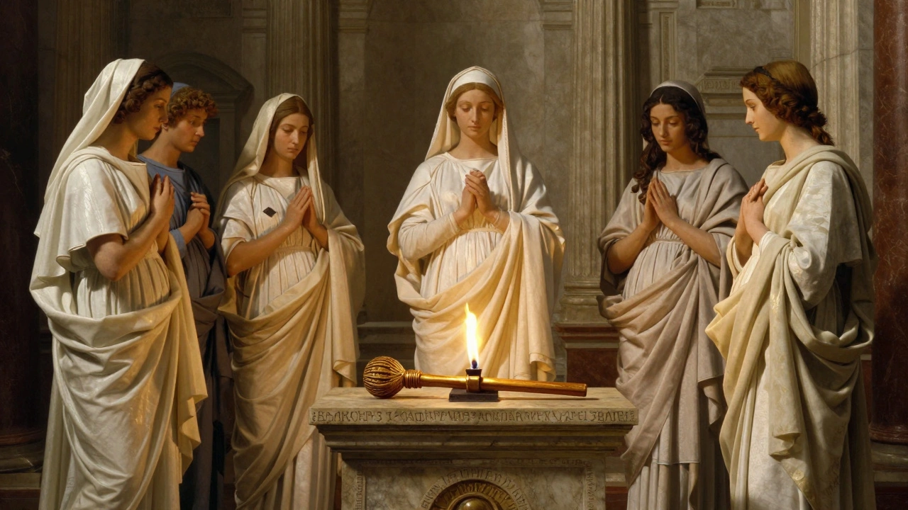 Vestal Virgins guard a sacred phallic object in the Temple of Vesta, illuminated by sacred flame.