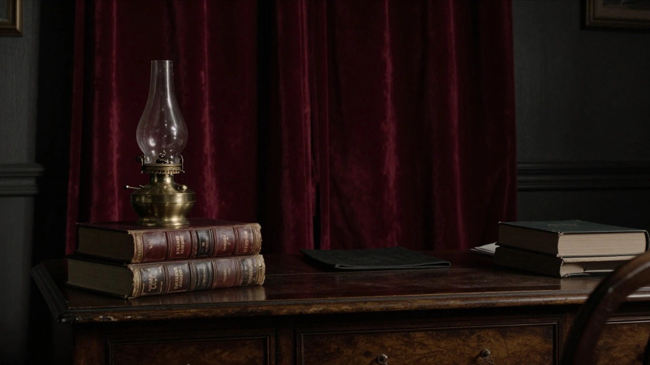Vintage books on a dark wood desk in shadows