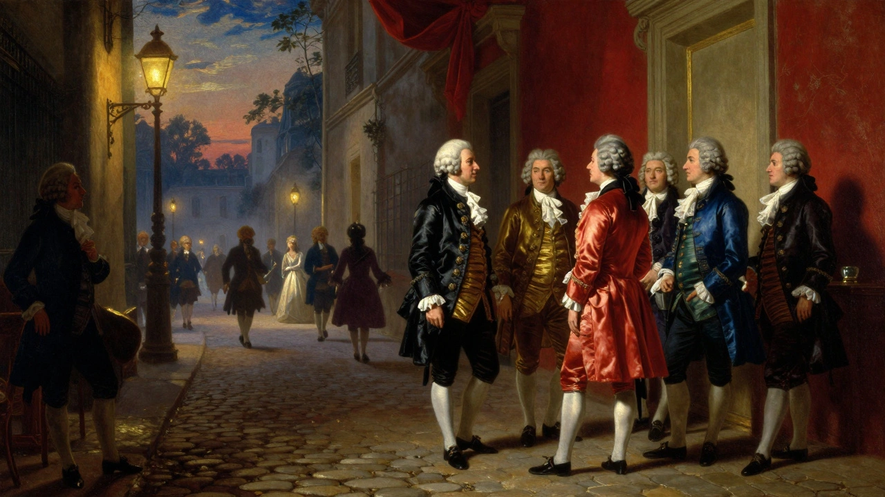 18th-century Parisian street at dusk with wealthy libertines and urban crowds.