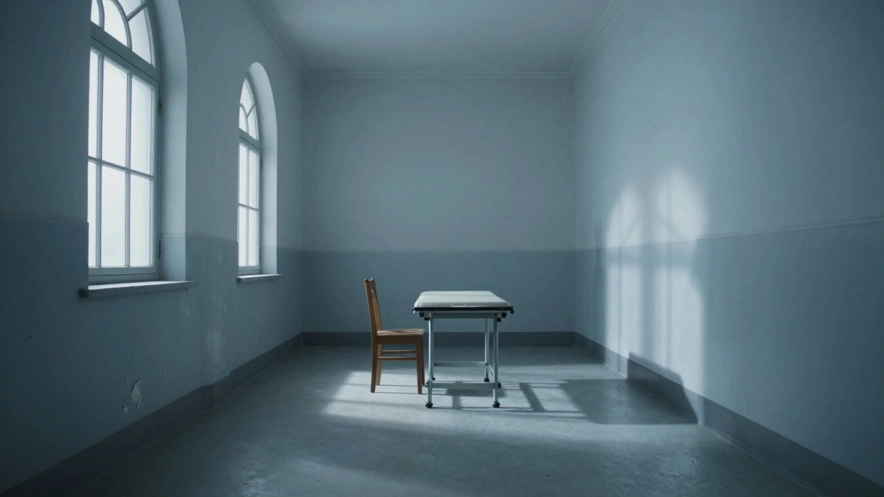 A cold and sterile interior of a Victorian lock hospital corridor with harsh lighting.