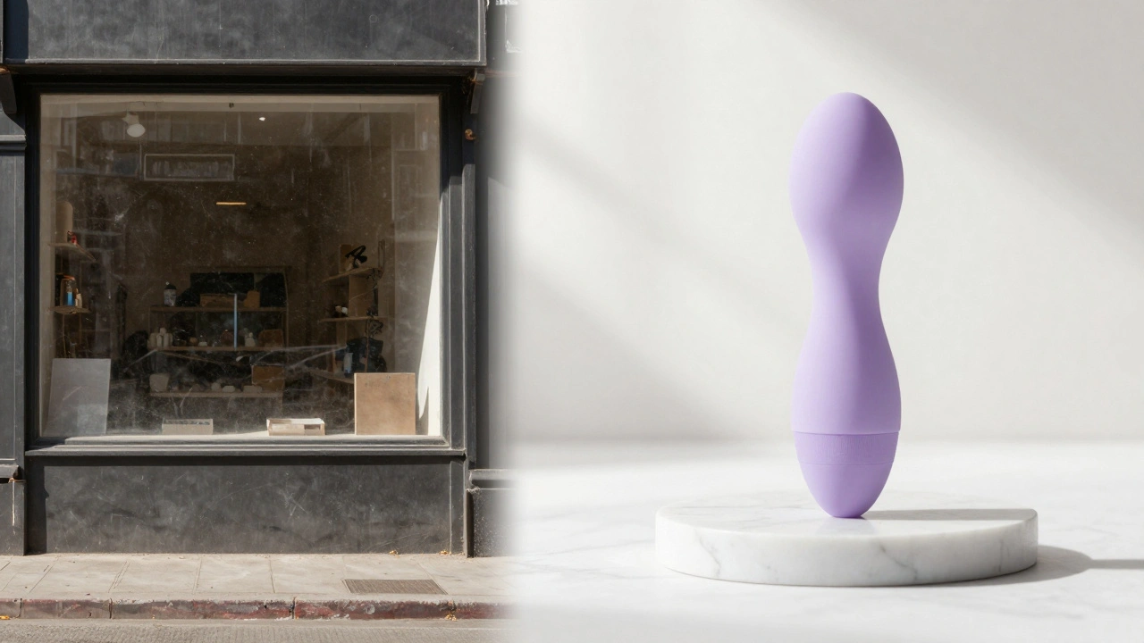 A conceptual image showing the shift from a dark old shop to a modern pastel wellness product.