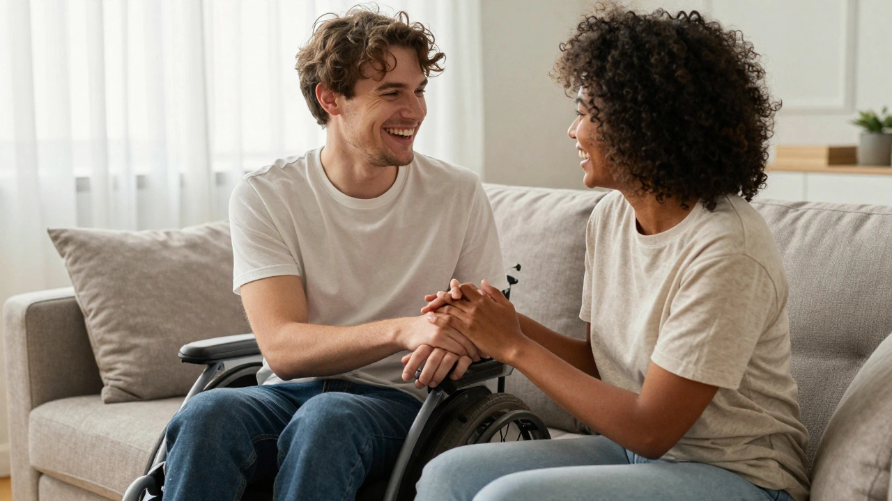 A couple, including a person with a disability, sharing a romantic and happy moment on a sofa.