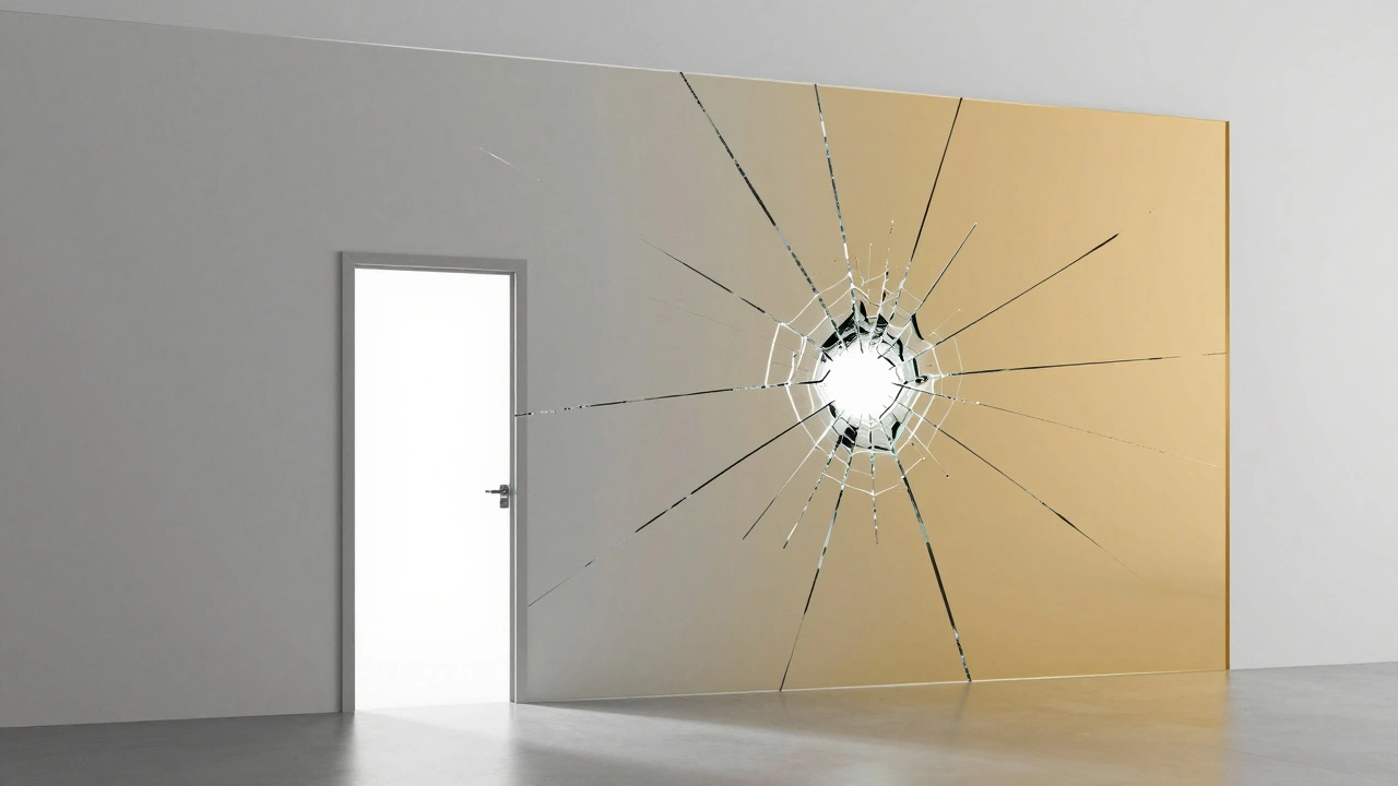 A cracking glass wall with a small open door symbolizing boundary erosion.