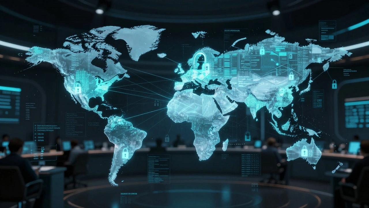 A futuristic holographic world map showing the interconnected networks of transnational organized crime.