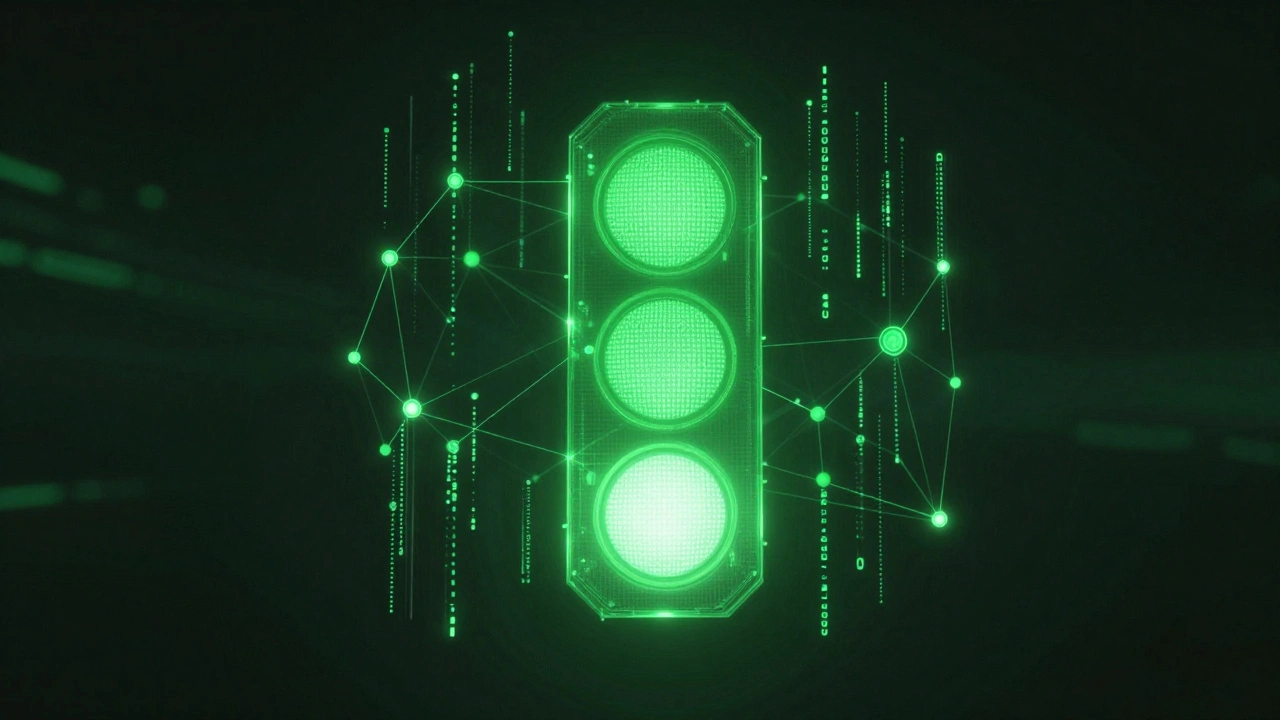 A glowing green holographic light signal amidst digital network nodes.