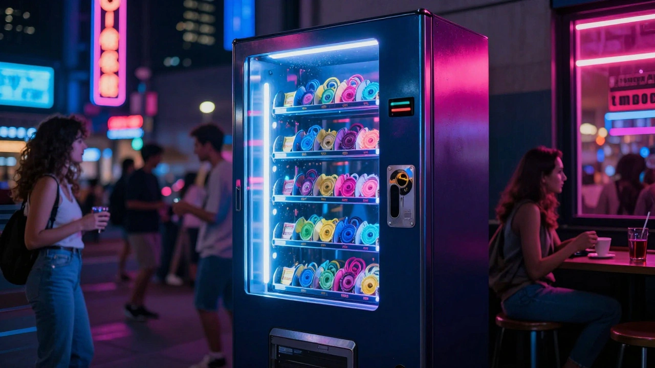 A glowing neon condom vending machine in a vibrant, nighttime city setting.
