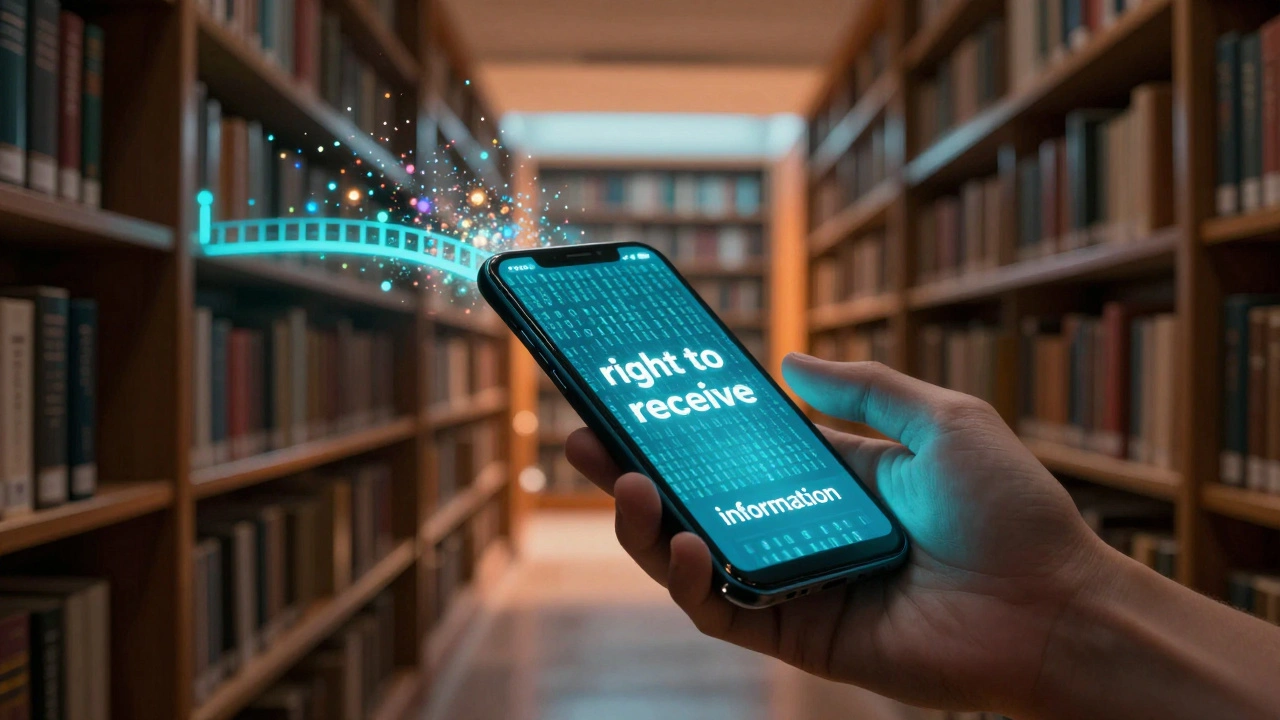 A hand holding a smartphone with light connecting it to a vast library of knowledge.