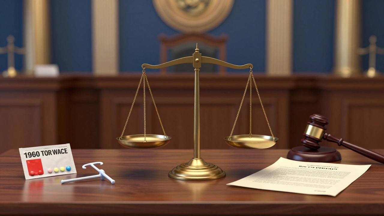 A scale of justice with birth control and legal documents, representing the fight for reproductive privacy.