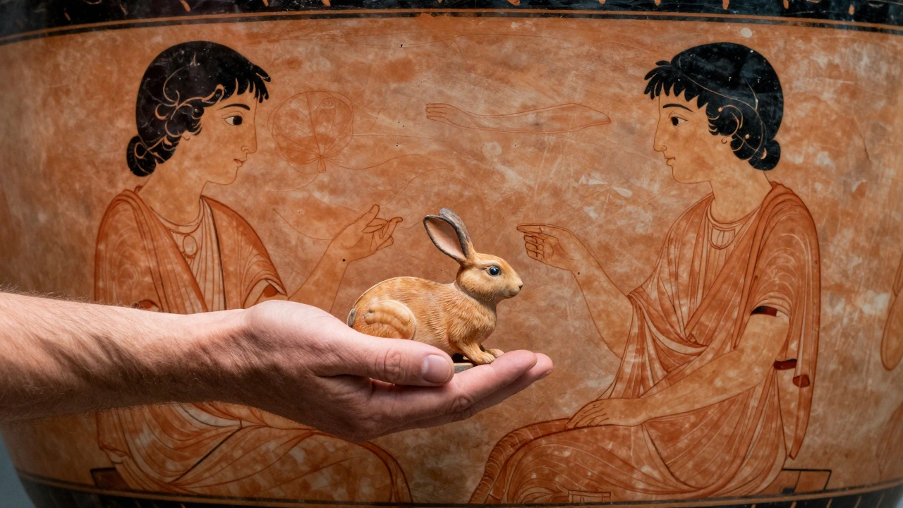 A symbolic gift of a rabbit being passed between an older man and a youth in pottery style.
