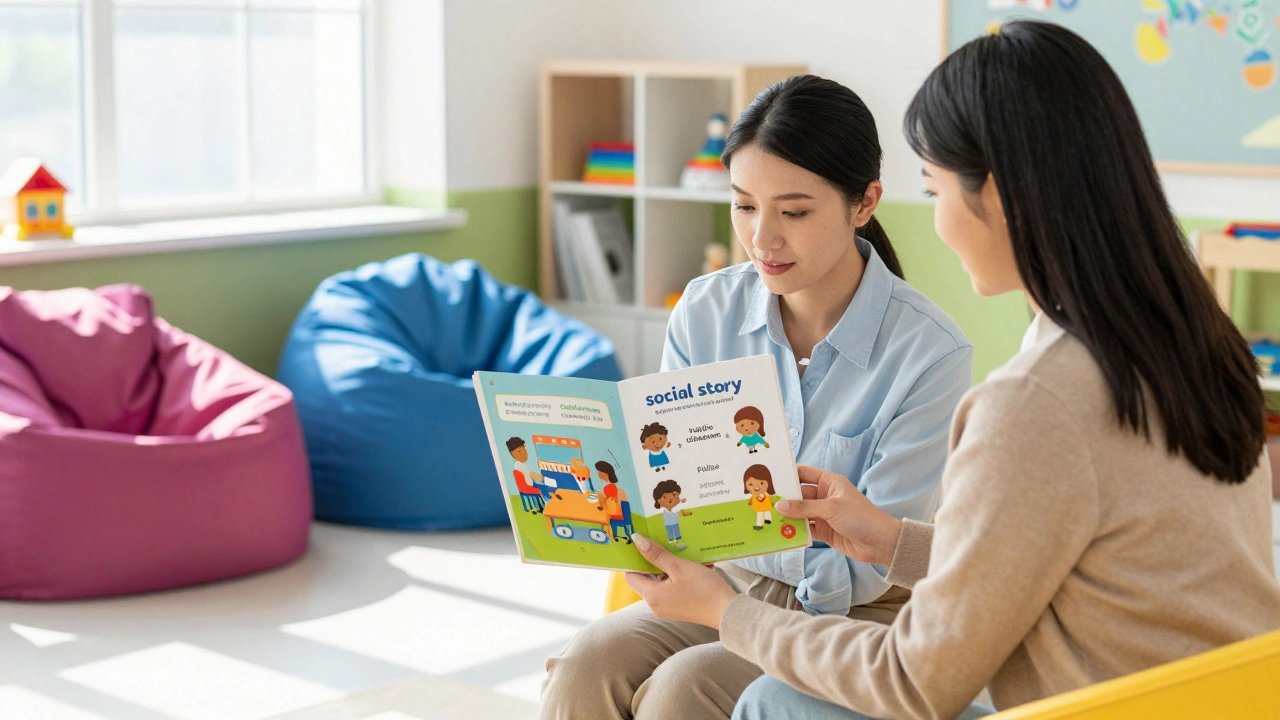 A teacher and psychologist reviewing a social story book in a supportive school office.