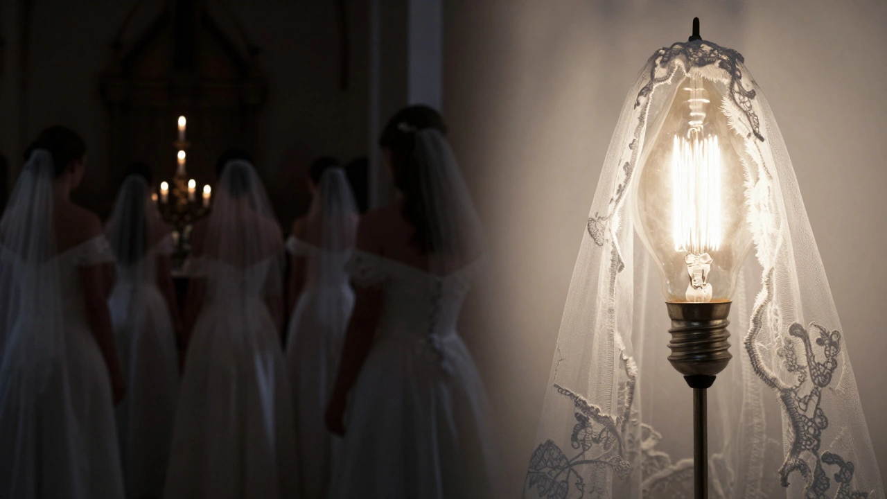 A transition from a dark candlelit wedding to a brightly lit scene with a sheer bridal veil.