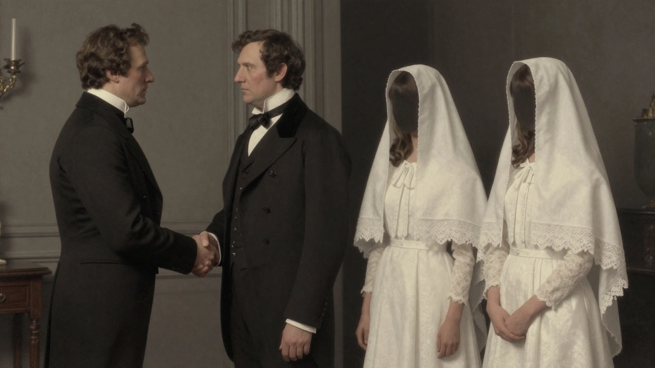 A Victorian father shaking hands with a groom while two veiled daughters stand in the shadows.