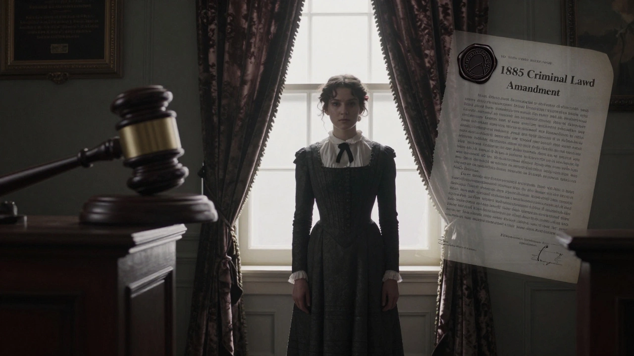 A Victorian woman by a window with a ghostly overlay of a legal gavel and document.