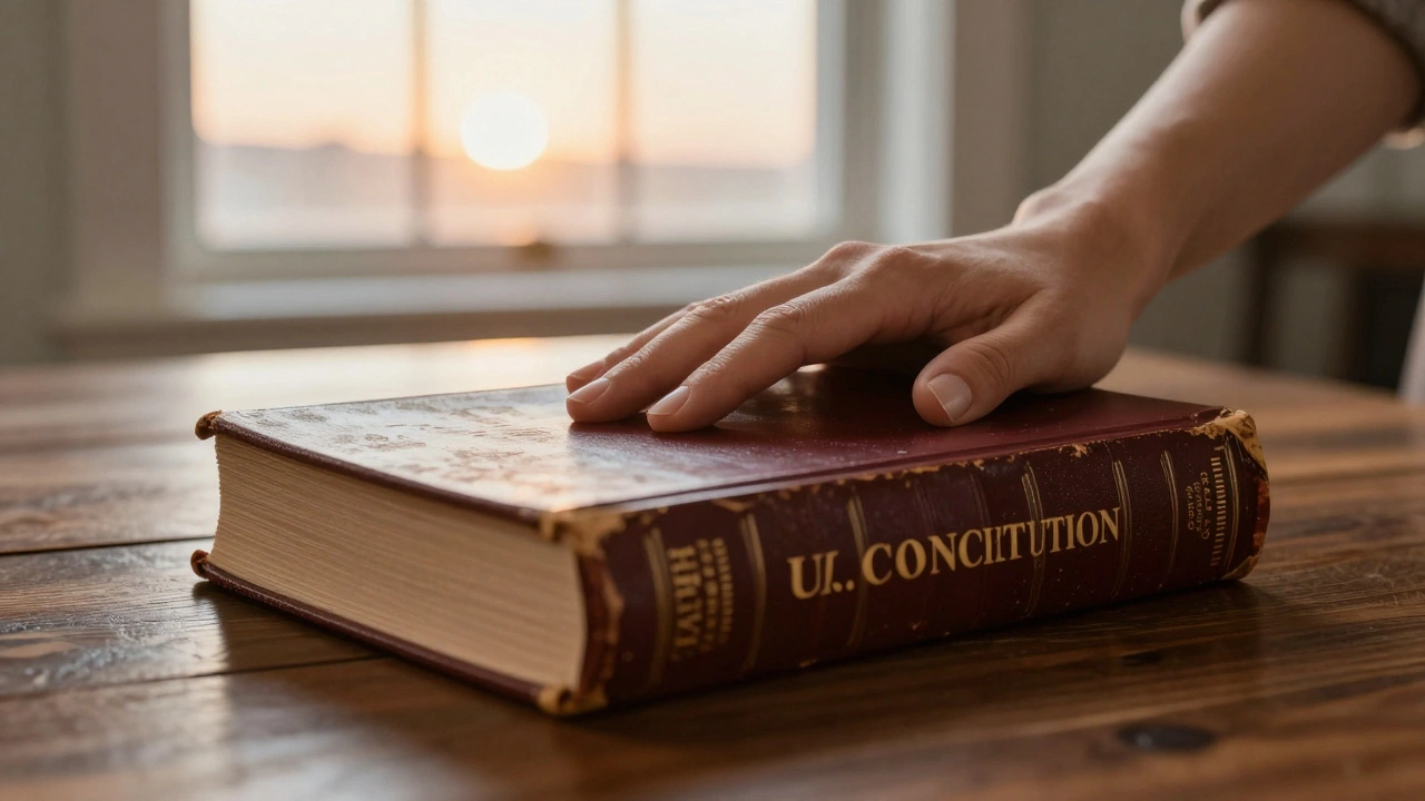 A woman's hand resting on a copy of the US Constitution with a sunrise in the background