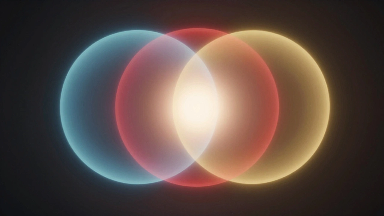 Abstract glowing overlapping spheres representing different dimensions of intimacy in a relationship.