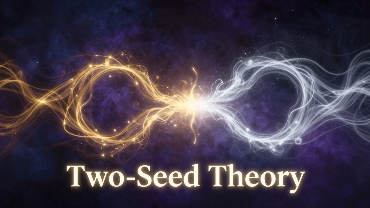 Abstract representation of two glowing seeds merging to create a spark of life