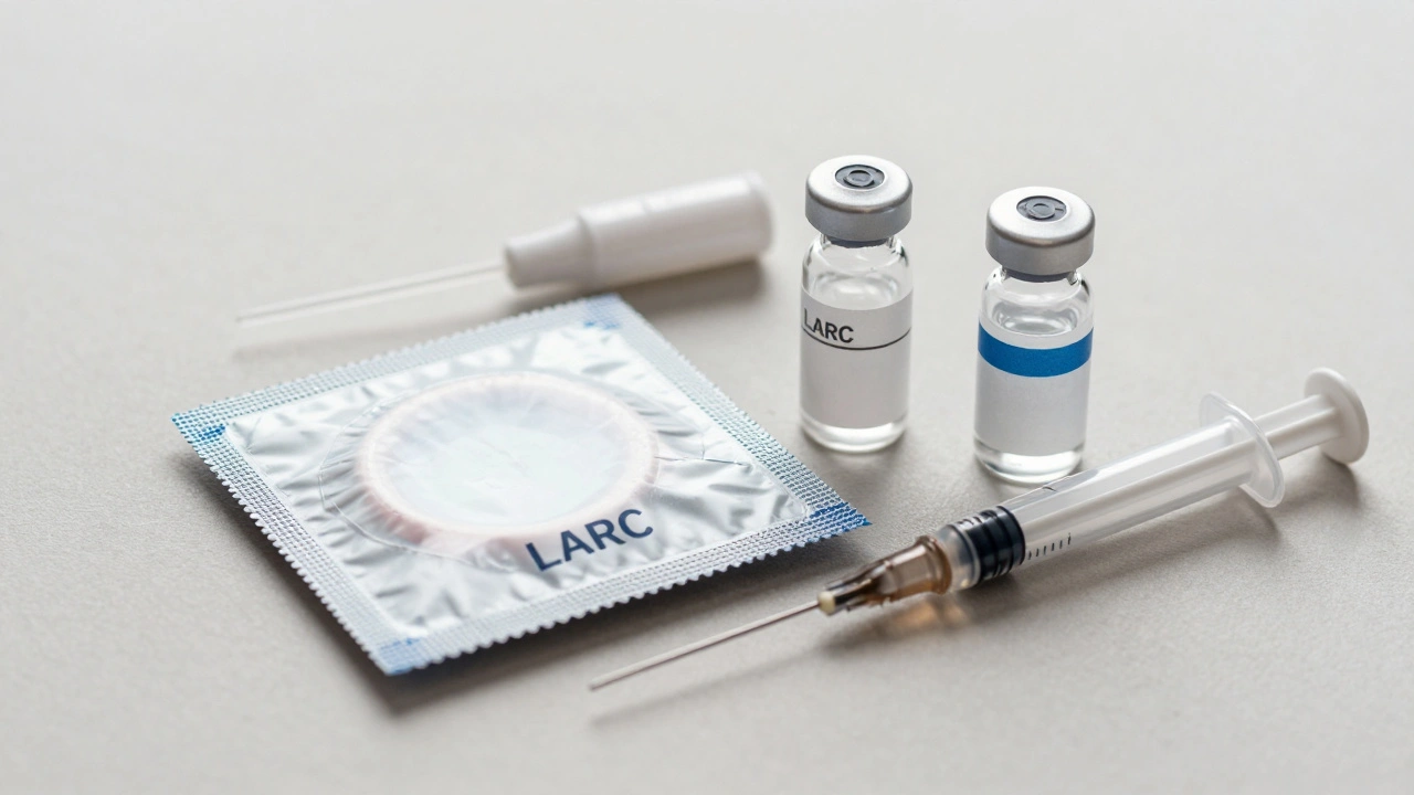 An IUD, a condom, and a vaccine syringe arranged on a neutral surface.