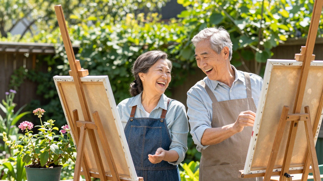 An older couple laughing and enjoying a shared hobby together in a sunlit garden.