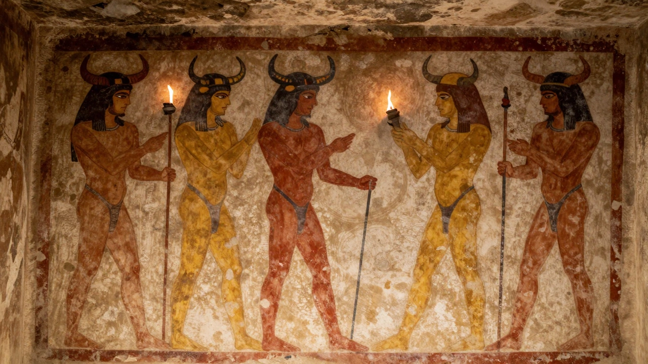 Ancient erotic fresco on a textured limestone wall inside an Etruscan tomb.