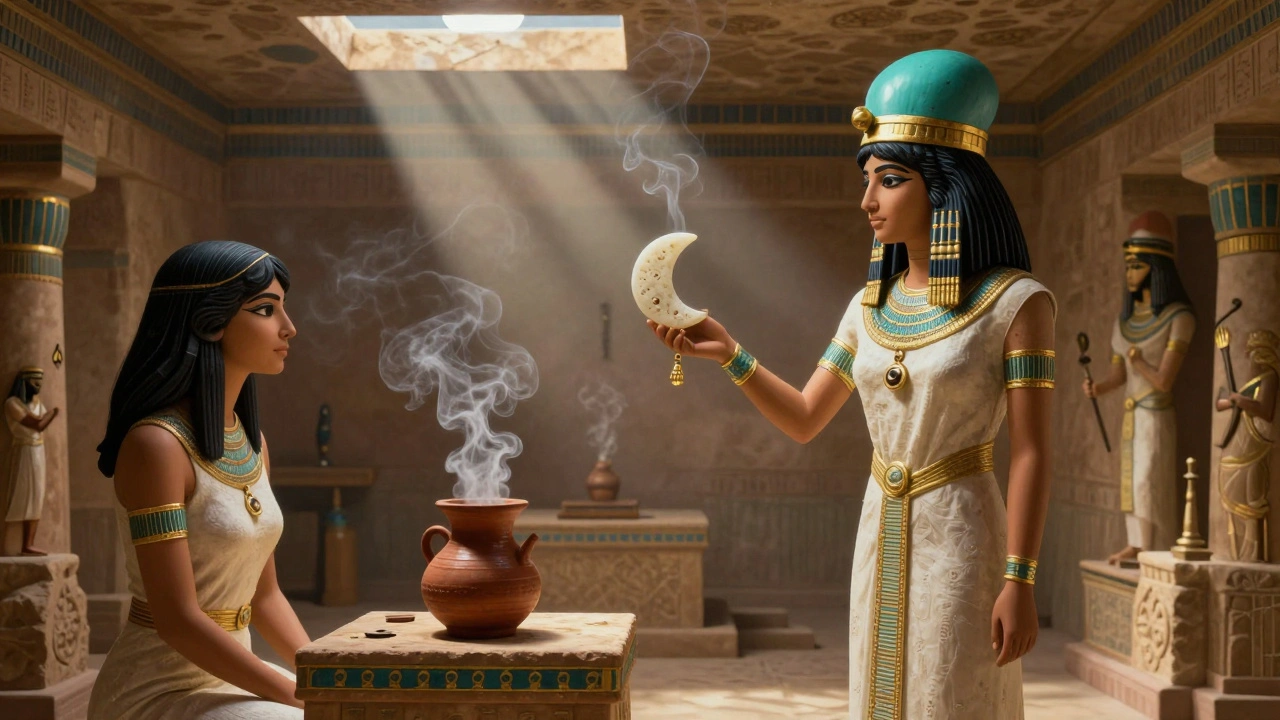 Ancient Mesopotamian priestess performing a healing ritual with a moon amulet