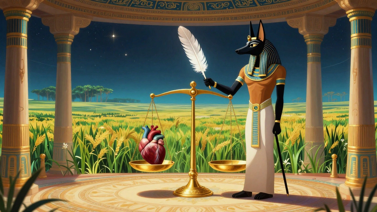 Anubis weighing a human heart against the feather of Ma'at on golden scales.