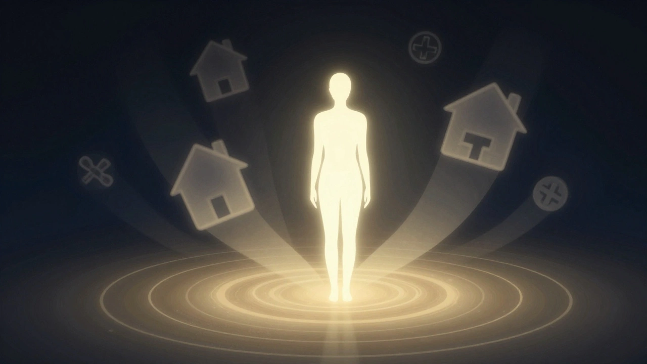 Conceptual art of a human silhouette surrounded by glowing golden rings of privacy