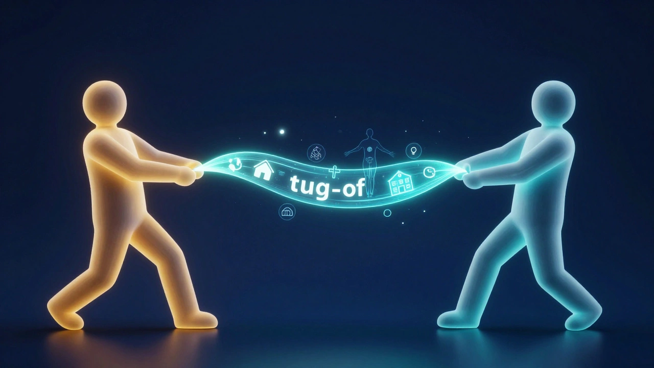 Conceptual art of two figures pulling a holographic ribbon of health education symbols.