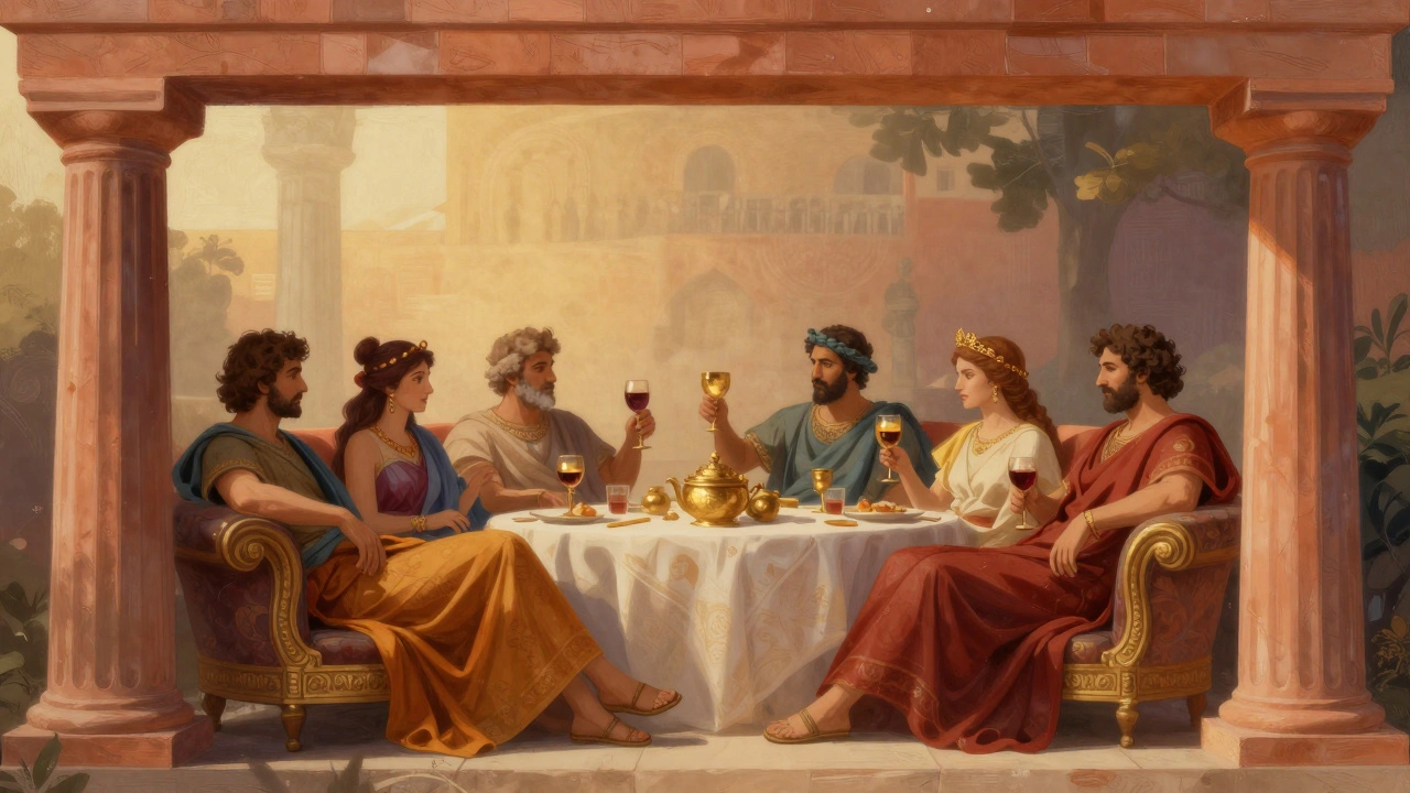 Conceptual art showing a structured Greek frame viewing a vibrant Etruscan banquet.